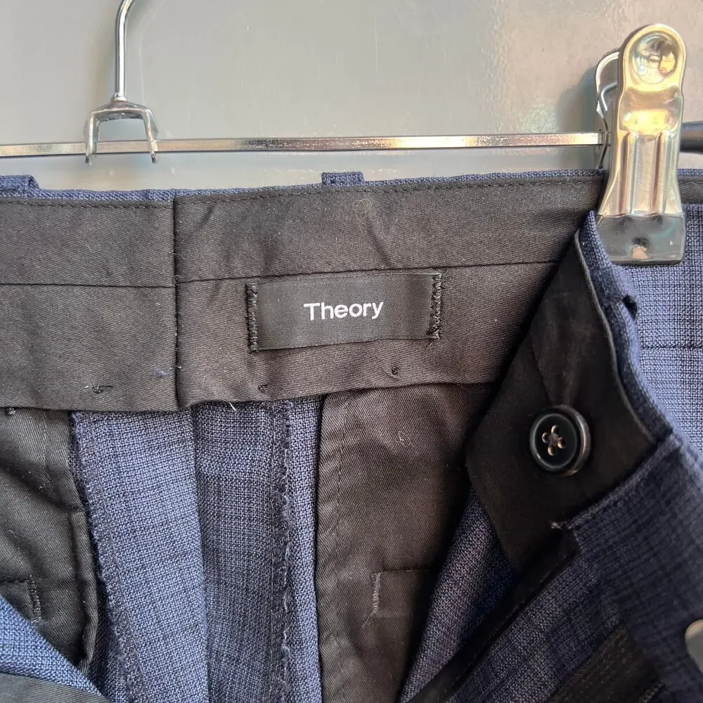 Theory Navy Textured Tonal Grid Wool Slim Fit Dress Pants Size 34
